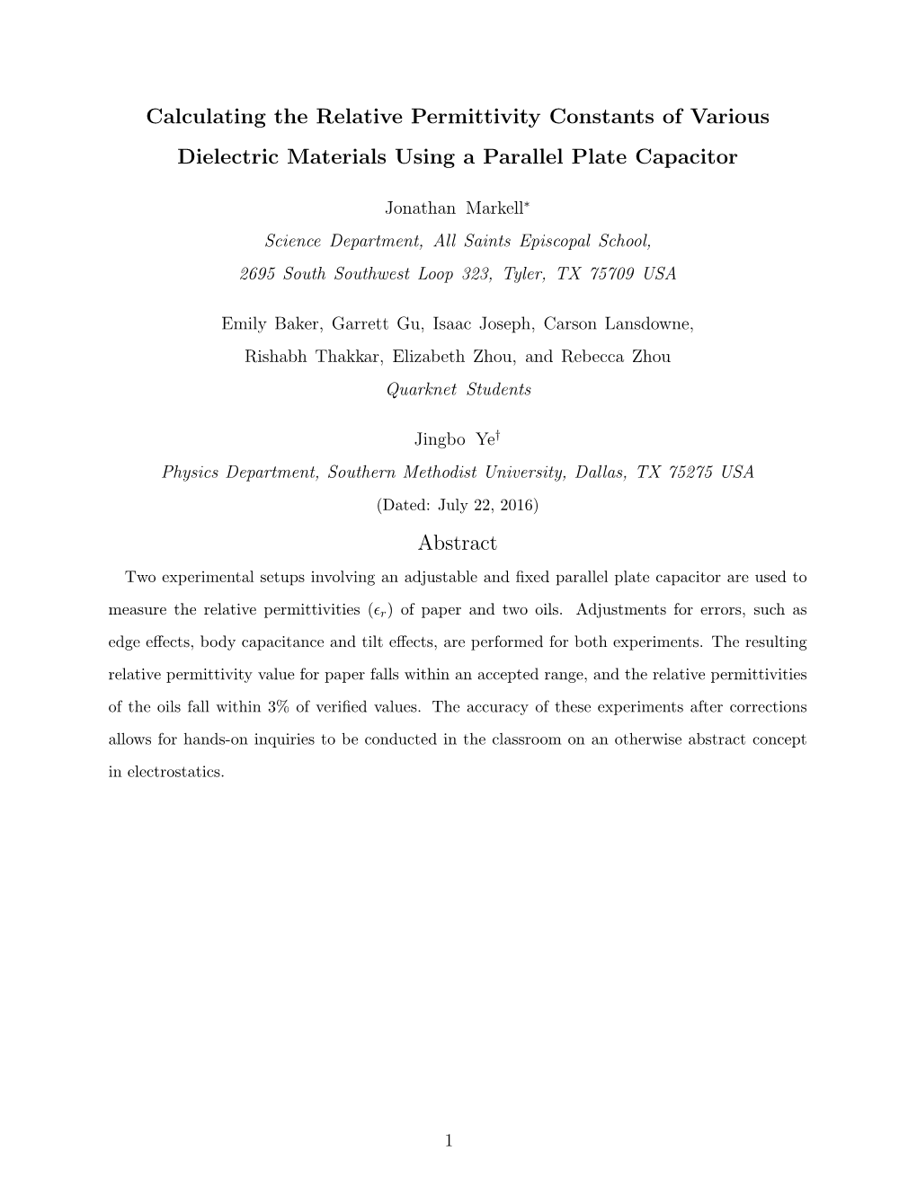 Calculating the Relative Permittivity Constants of Various Dielectric Materials Using a Parallel Plate Capacitor