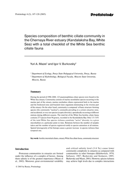 Protistology Species Composition of Benthic Ciliate Community in The