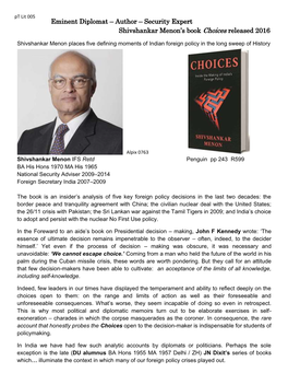 Security Expert Shivshankar Menon's Book Choices Released 2016
