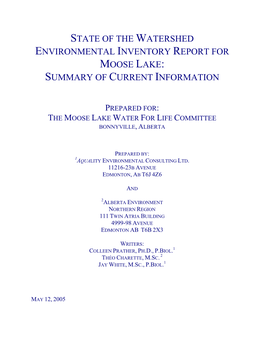 State of the Watershed Environmental Inventory Report for Moose Lake: Summary of Current Information