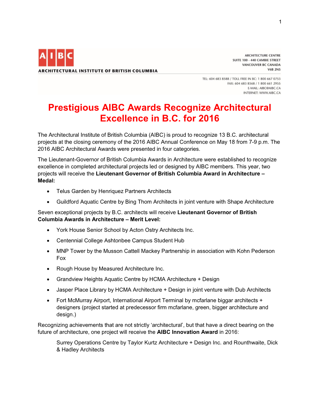 Prestigious AIBC Awards Recognize Architectural Excellence in B.C. for 2016