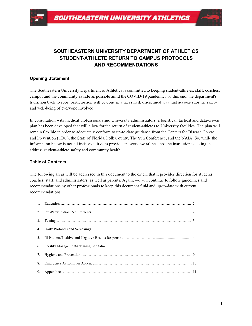 Southeastern University Department of Athletics Student-Athlete Return to Campus Protocols and Recommendations