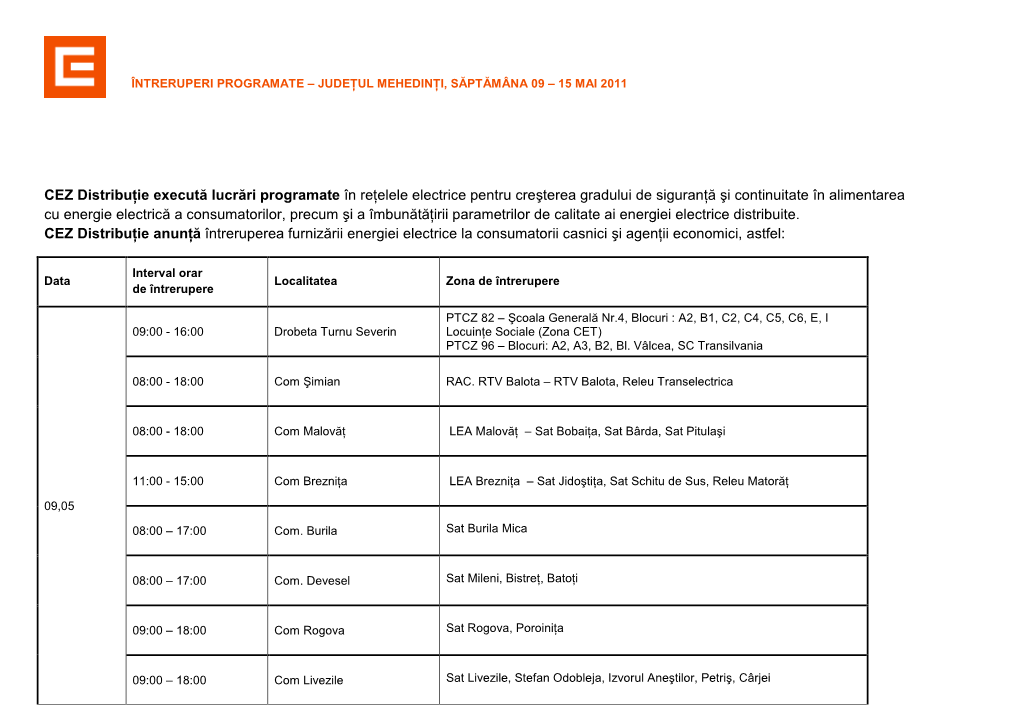 CEZ Distribuţie Execută Lucrări Programate În Reţelele Electrice