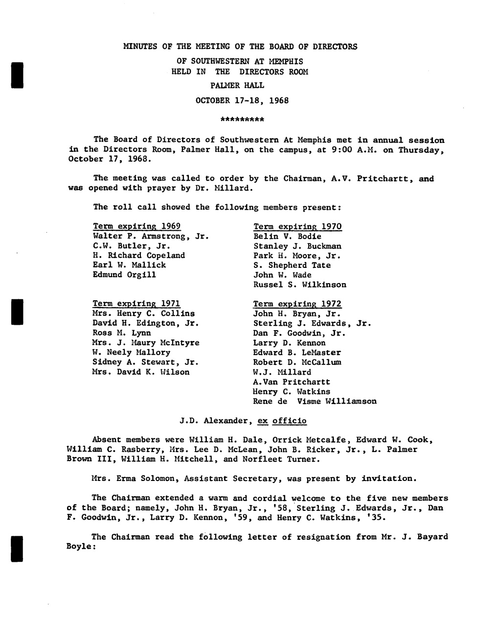 Minutes of the Meeting of the Board of Directors of Southwestern at Memphis Held in the Directors Room Paliier Hall October 17-18, 1968