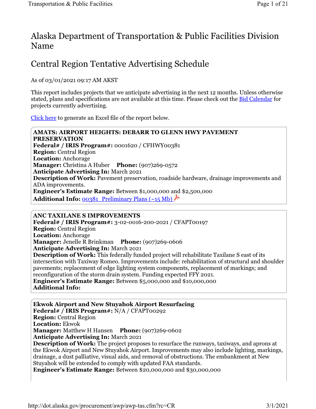 Central Region Tentative Advertising Schedule Alaska Department Of