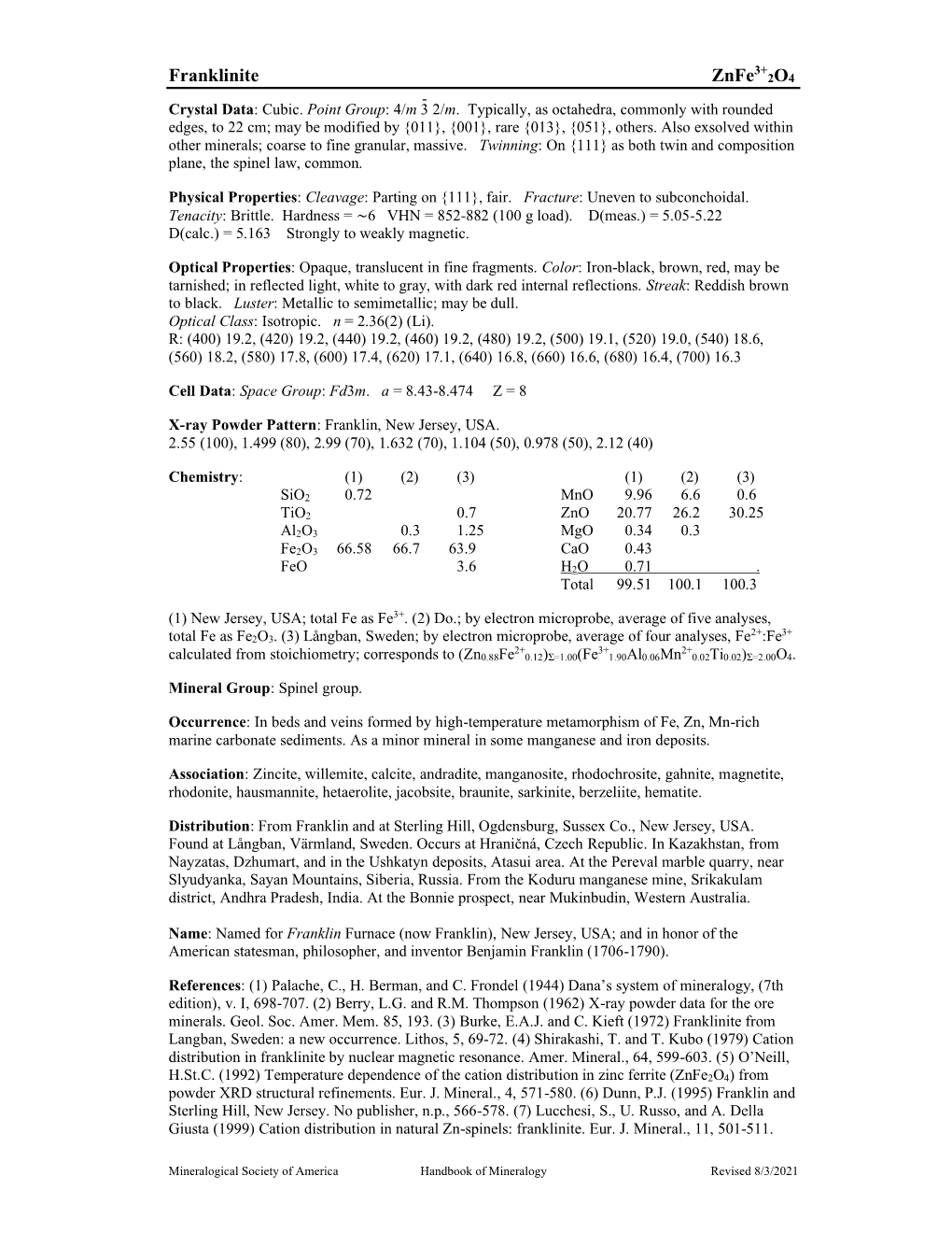 Franklinite Znfe 2O4 - Crystal Data: Cubic