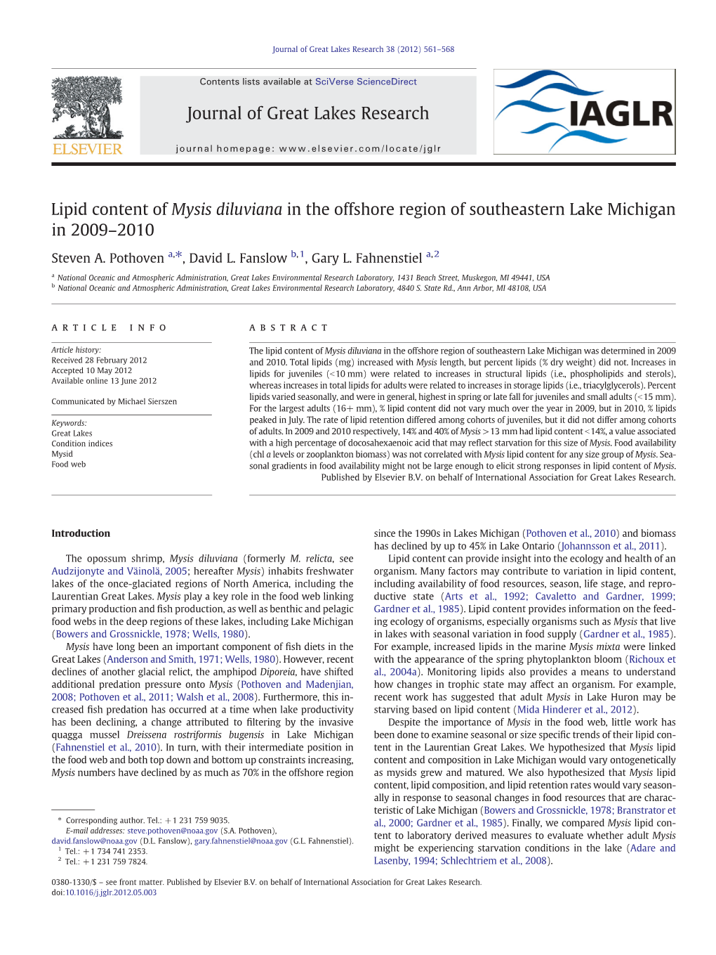 Lipid Content of Mysis Diluviana in the Offshore Region of Southeastern Lake Michigan in 2009–2010