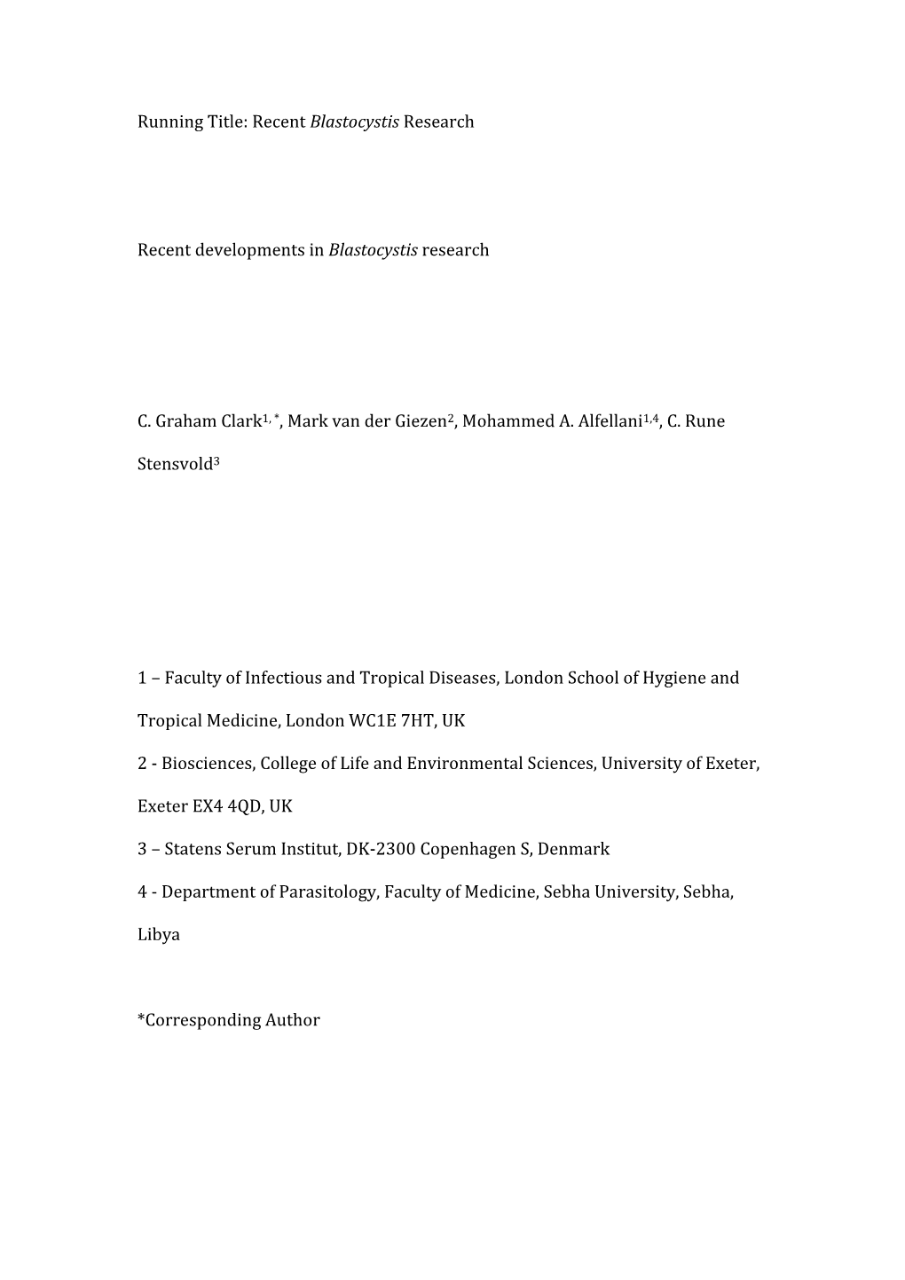 Running Title: Recent Blastocystis Research