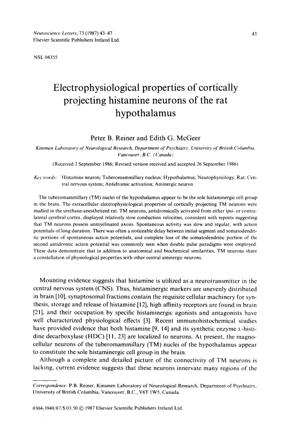 Electrophysiological Properties of Cortically Projecting Histamine Neurons of the Rat Hypothalamus