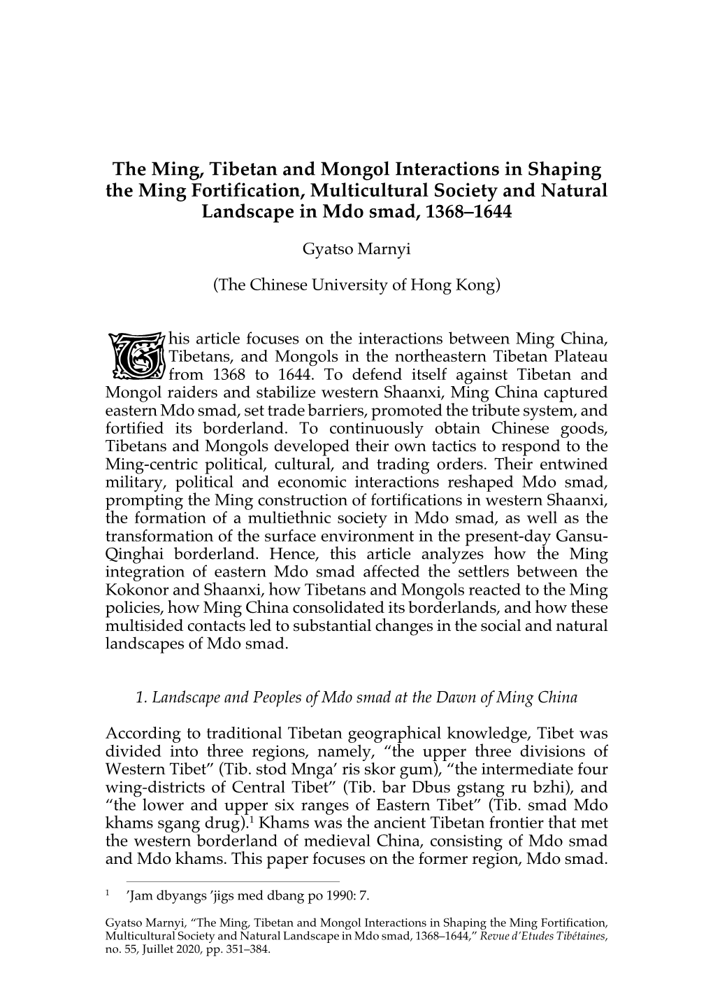 The Ming, Tibetan and Mongol Interactions in Shaping the Ming Fortification, Multicultural Society and Natural Landscape in Mdo Smad, 1368–1644