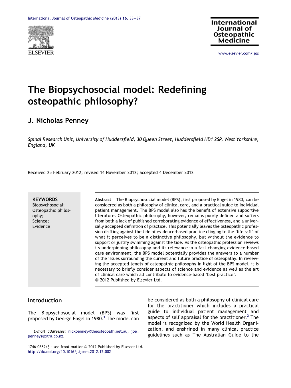 The Biopsychosocial Model: Redeﬁning Osteopathic Philosophy?