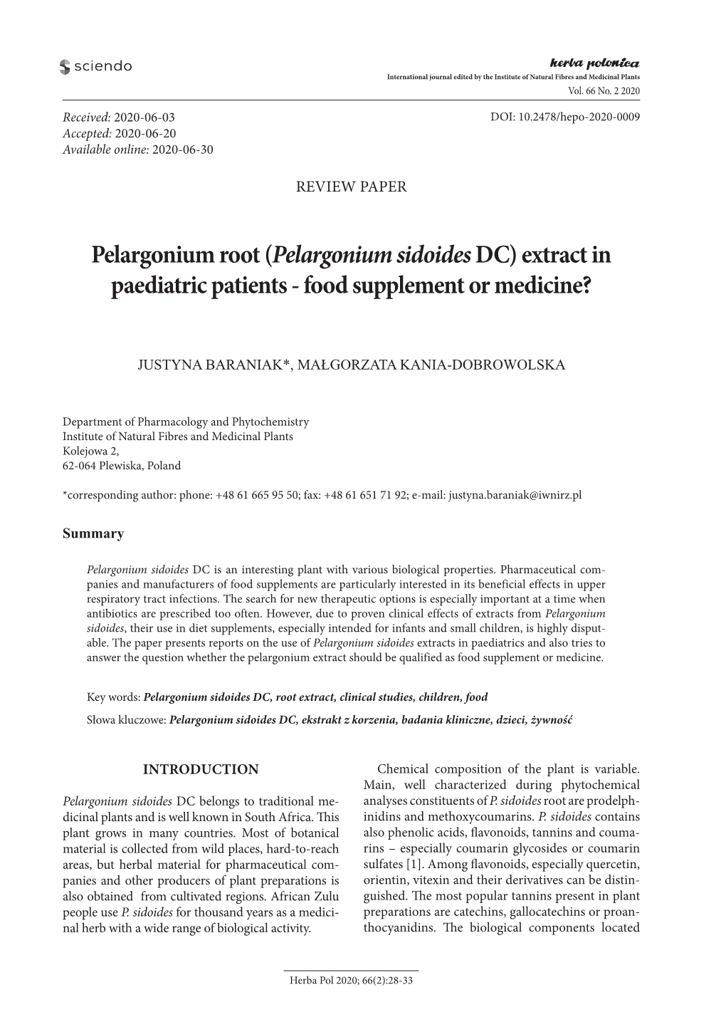 Pelargonium Sidoides DC) Extract in Paediatric Patients - Food Supplement Or Medicine?
