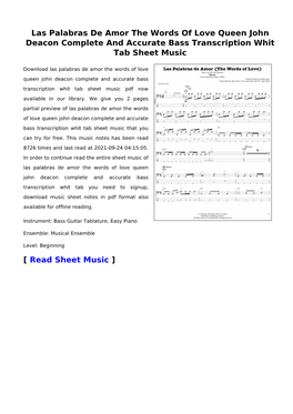 Las Palabras De Amor the Words of Love Queen John Deacon Complete and Accurate Bass Transcription Whit Tab Sheet Music