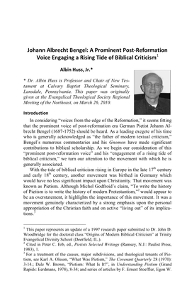 Johann Albrecht Bengel: a Prominent Post-Reformation Voice Engaging a Rising Tide of Biblical Criticism1