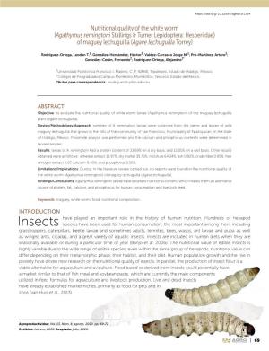 Nutritional Quality of the White Worm (Agathymus Remingtoni Stallings & Turner Lepidoptera: Hesperiidae) of Maguey Lechuguilla (Agave Lechuguilla Torrey)