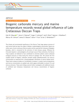 Biogenic Carbonate Mercury and Marine Temperature Records Reveal Global Influence of Late Cretaceous Deccan Traps