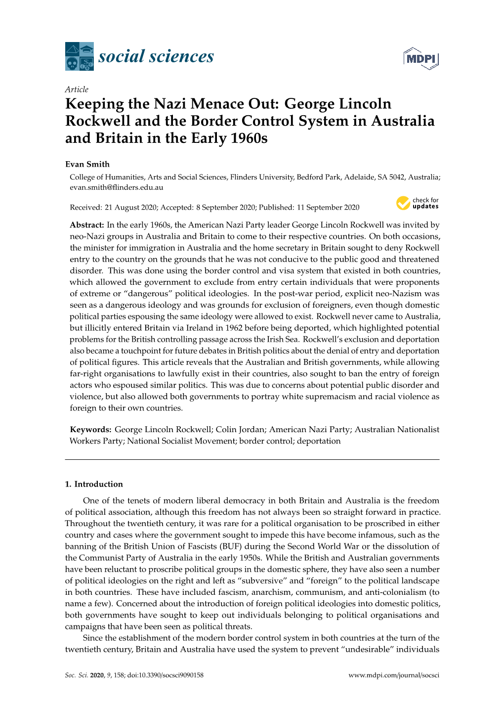 Keeping the Nazi Menace Out: George Lincoln Rockwell and the Border Control System in Australia and Britain in the Early 1960S