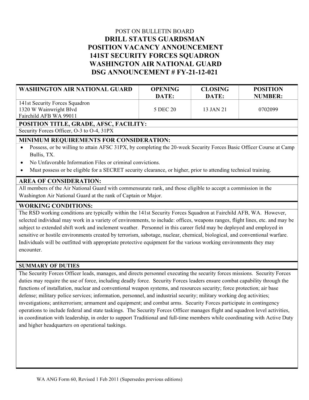 Drill Status Guardsman Position Vacancy Announcement 141St Security Forces Squadron Washington Air National Guard Dsg Announcement # Fy-21-12-021