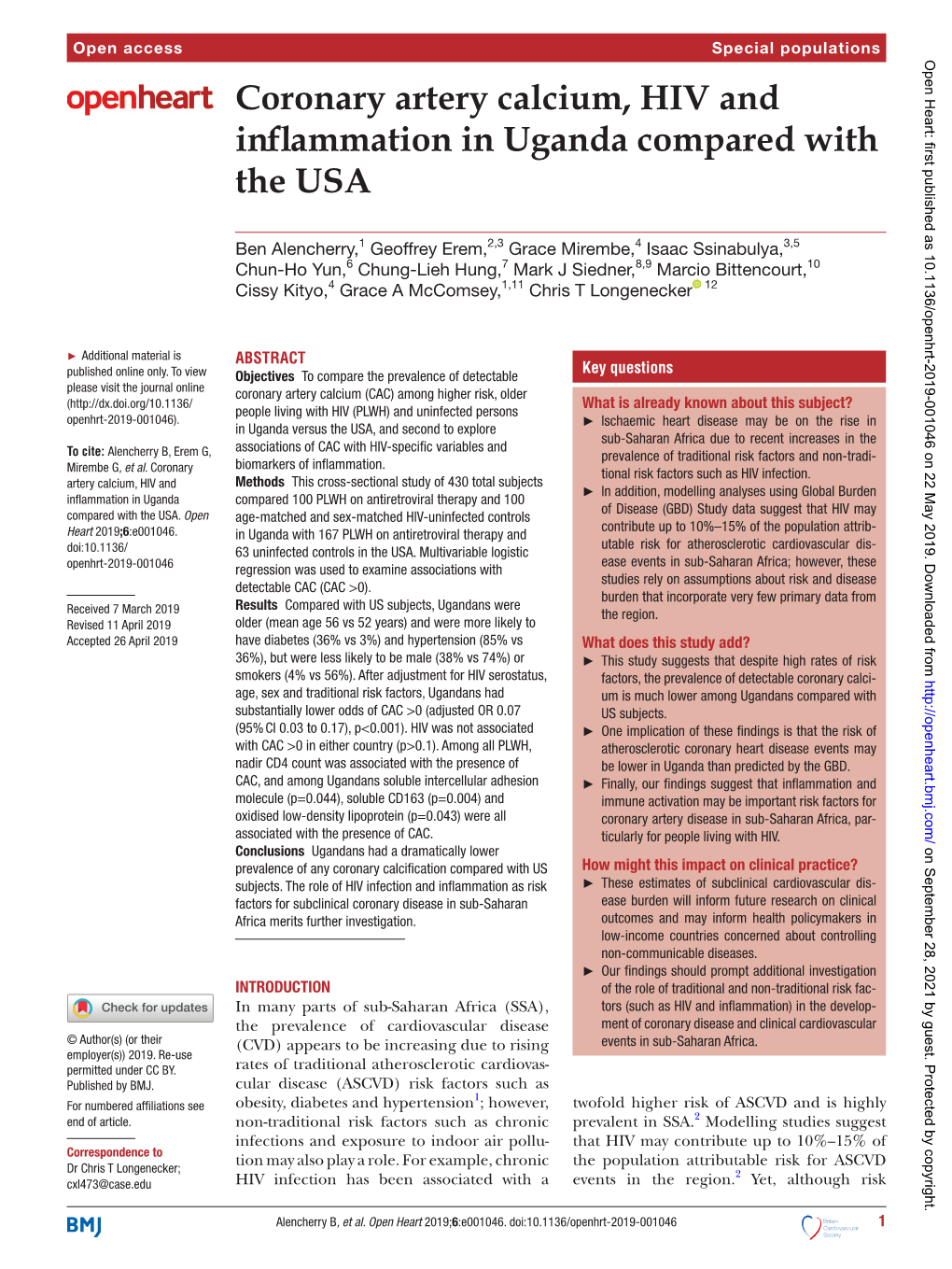 Coronary Artery Calcium, HIV and Inflammation in Uganda Compared with the USA