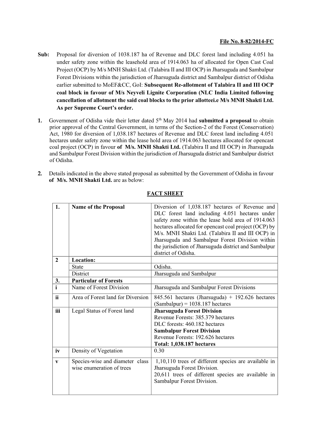 Proposal for Diversion of 1038.187 Ha of Revenue and DLC Forest Land