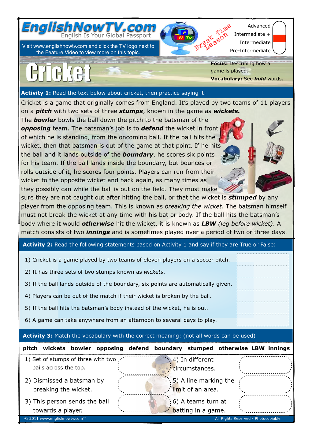 Cricket Vocabulary: See Bold Words