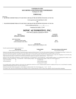 SONIC AUTOMOTIVE, INC. (Exact Name of Registrant As Specified in Its Charter) ______Delaware 56-2010790 (State Or Other Jurisdiction of (I.R.S