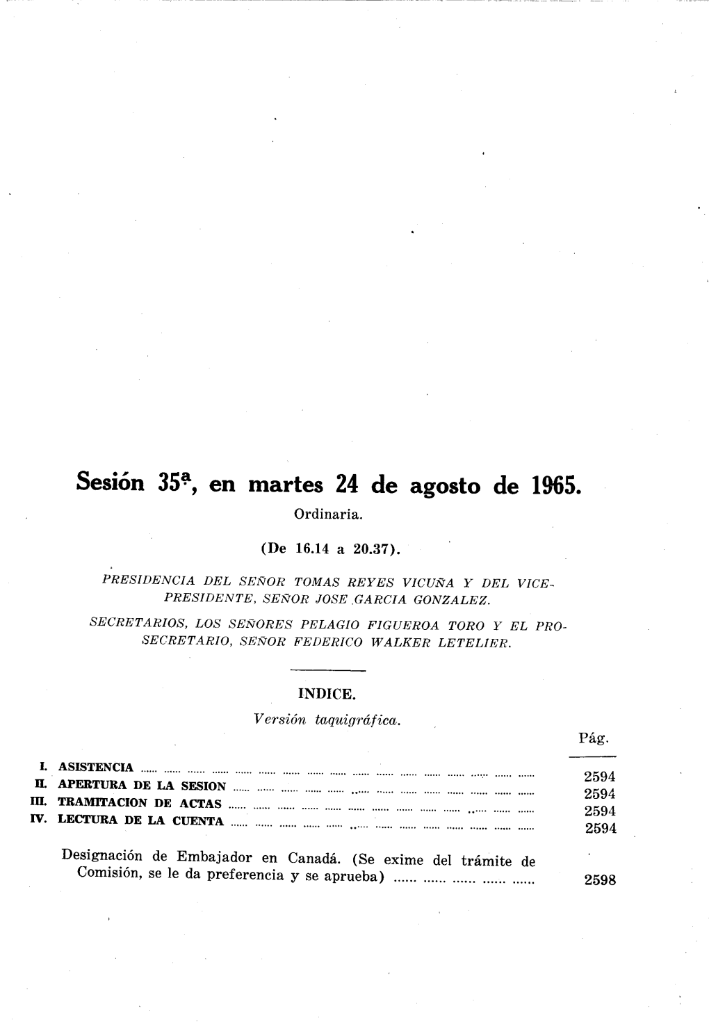 Sesión 35, Ordinaria, En Martes 24 De Agosto De 1965