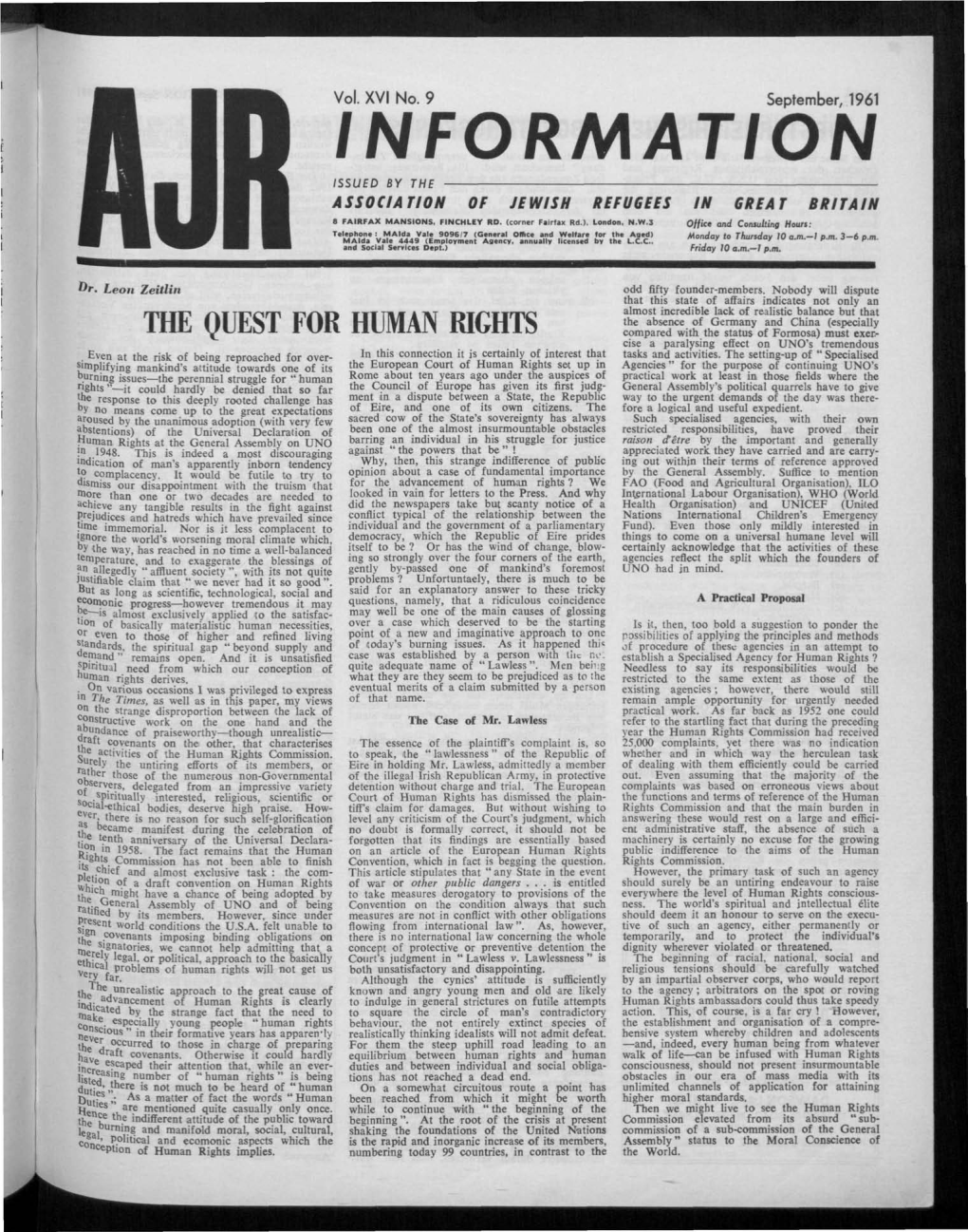 Information Issued by the Association of Jewish Refugees in Great Britain 8 Fairfax Mansions