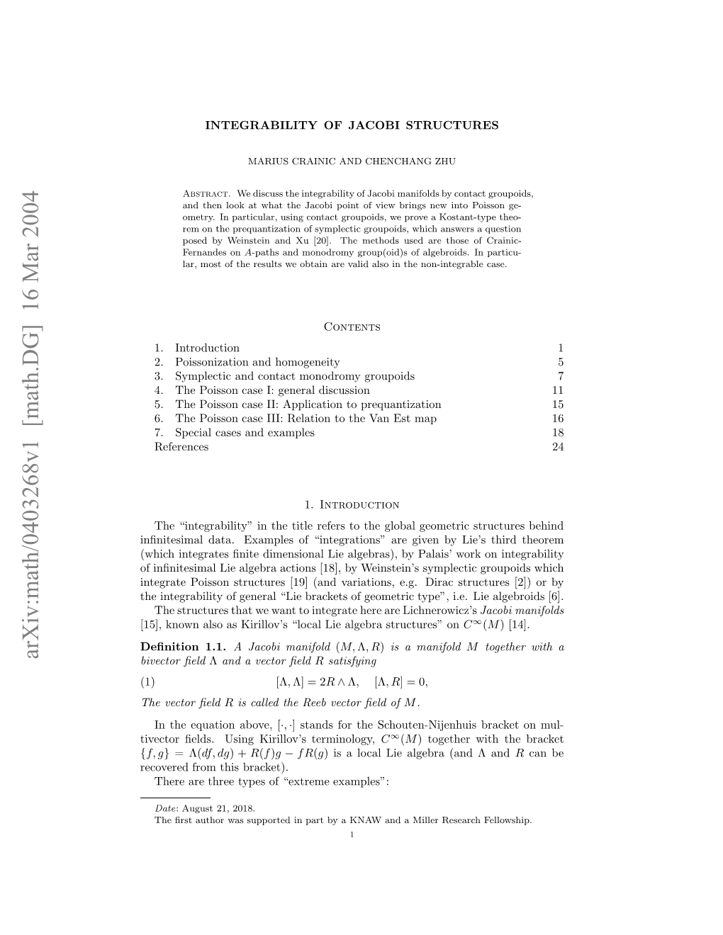 Arxiv:Math/0403268V1 [Math.DG] 16 Mar 2004 Eoee Rmti Bracket)