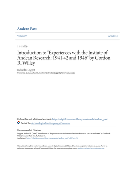 "Experiences with the Instiute of Andean Research: 1941-42 and 1946" by Gordon R