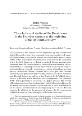 The Schools and Studies of the Dominicans in the Prussian Contrata to the Beginning of the Sixteenth Century1