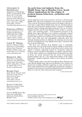 An Early Bone Tool Industry from the Middle Stone Age at Blombos Cave, South Africa: Implications for the Origins of Modern Huma