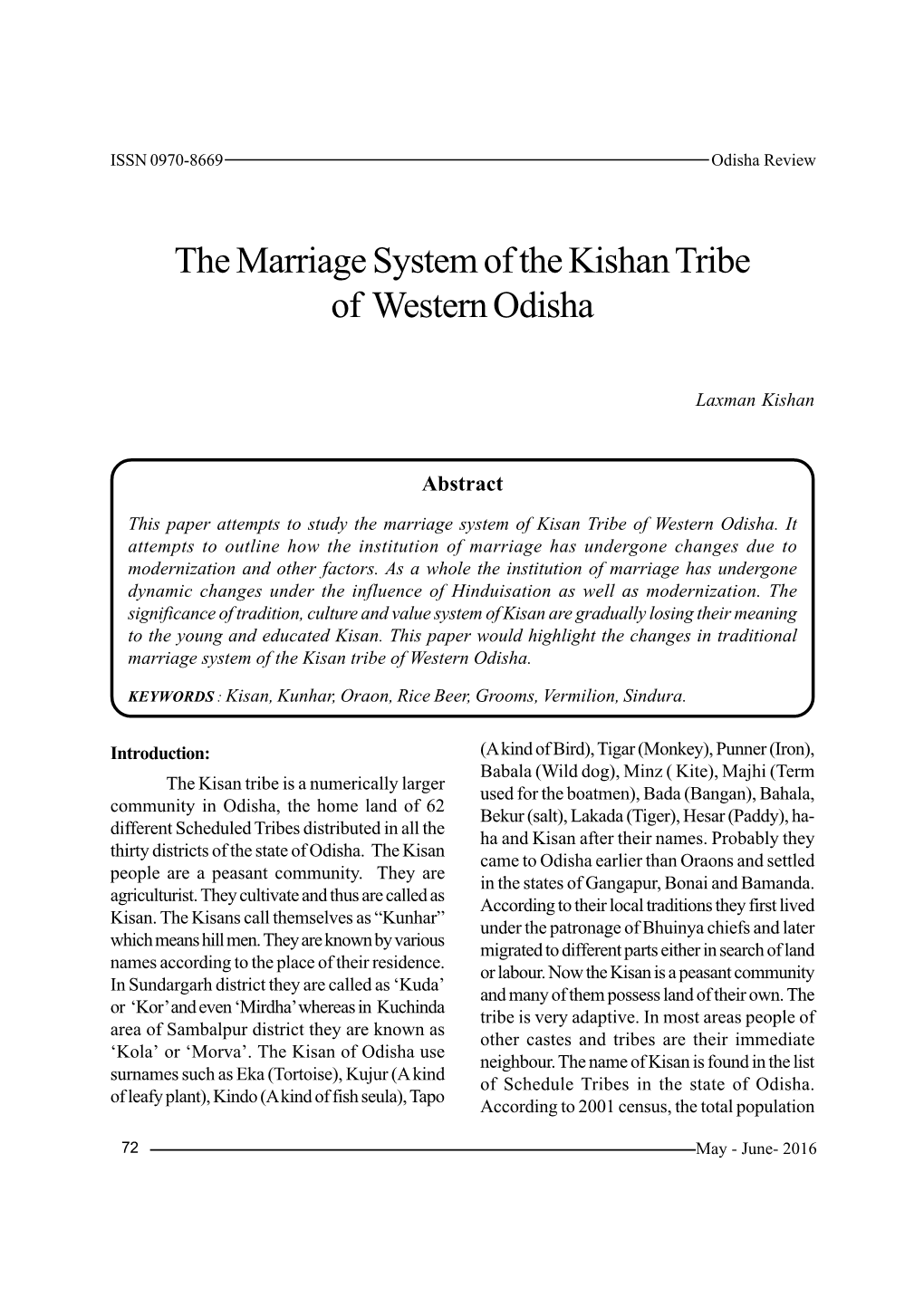 The Marriage System of the Kishan Tribe of Western Odisha