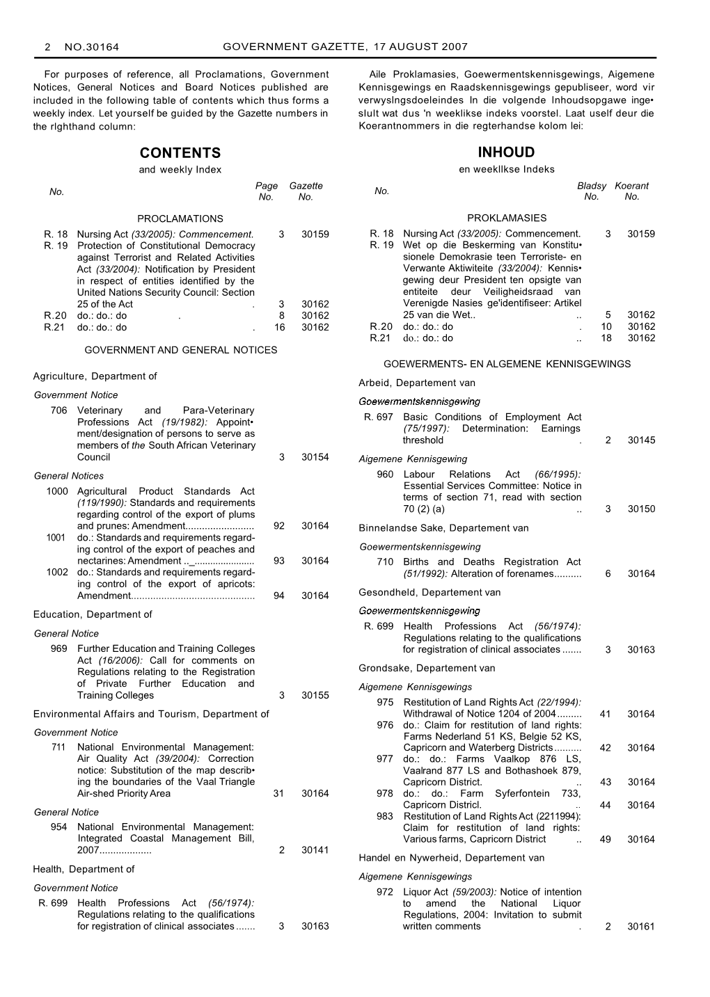 CONTENTS INHOUD and Weekly Index En Weekllkse Indeks Page Gazette Bladsy Koerant No