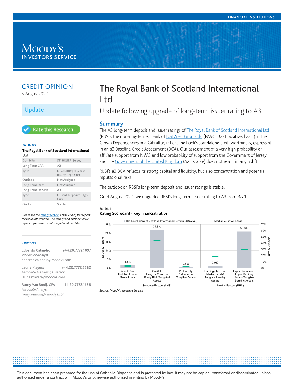 The Royal Bank of Scotland International 5 August 2021 Ltd Update Update Following Upgrade of Long-Term Issuer Rating to A3