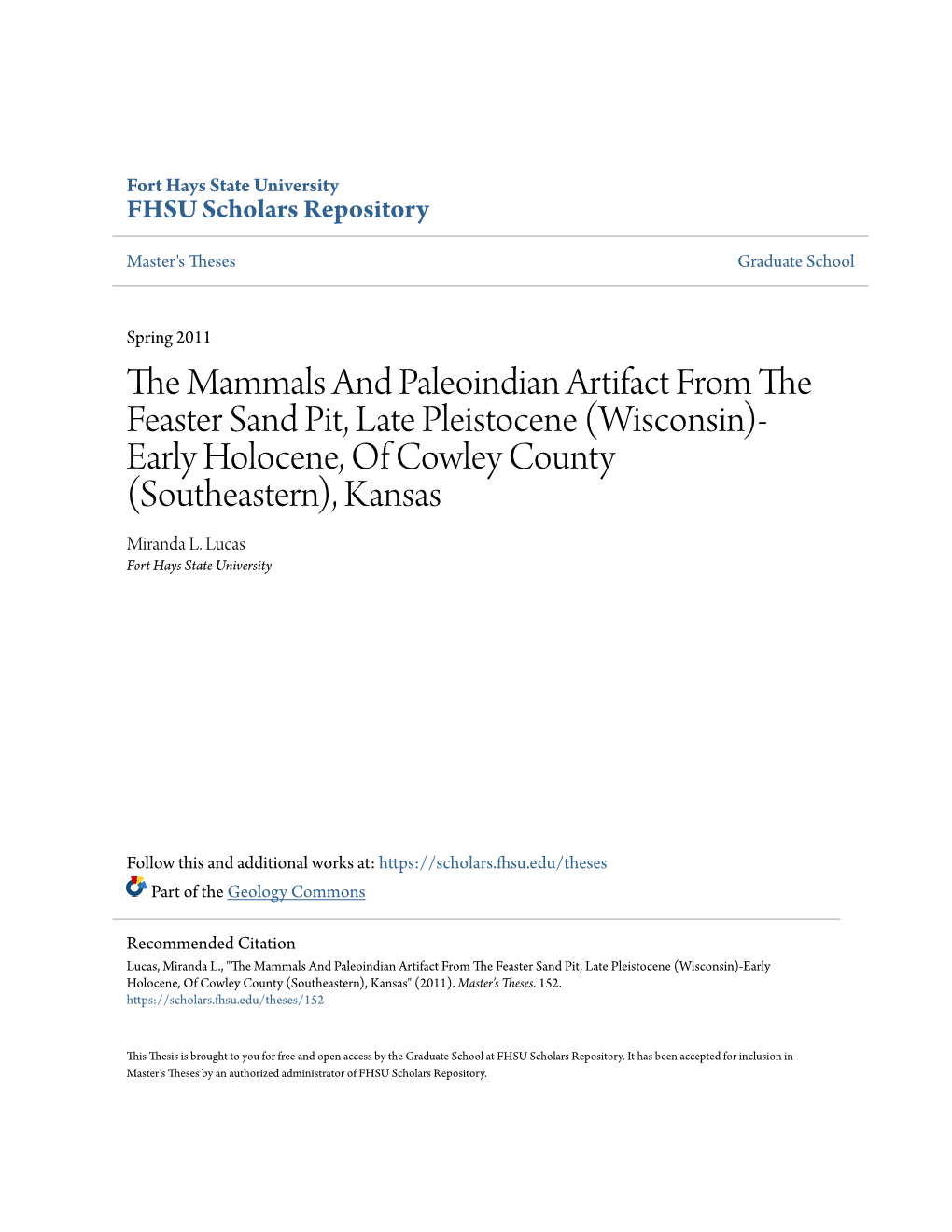 The Mammals and Paleoindian Artifact from the Feaster Sand