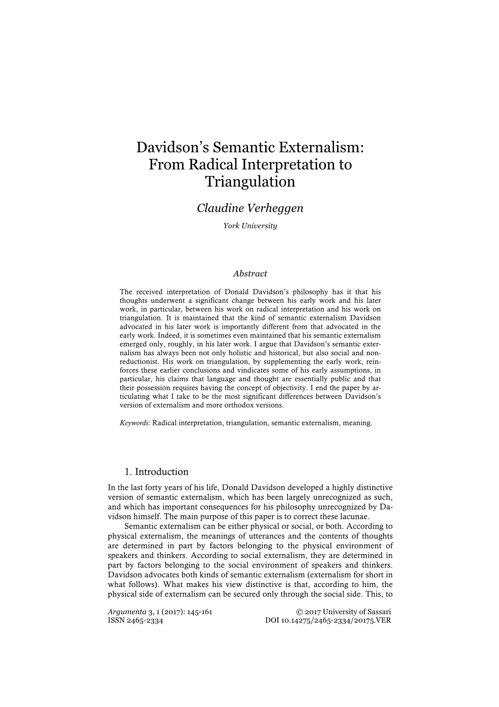 Davidson's Semantic Externalism: from Radical Interpretation To