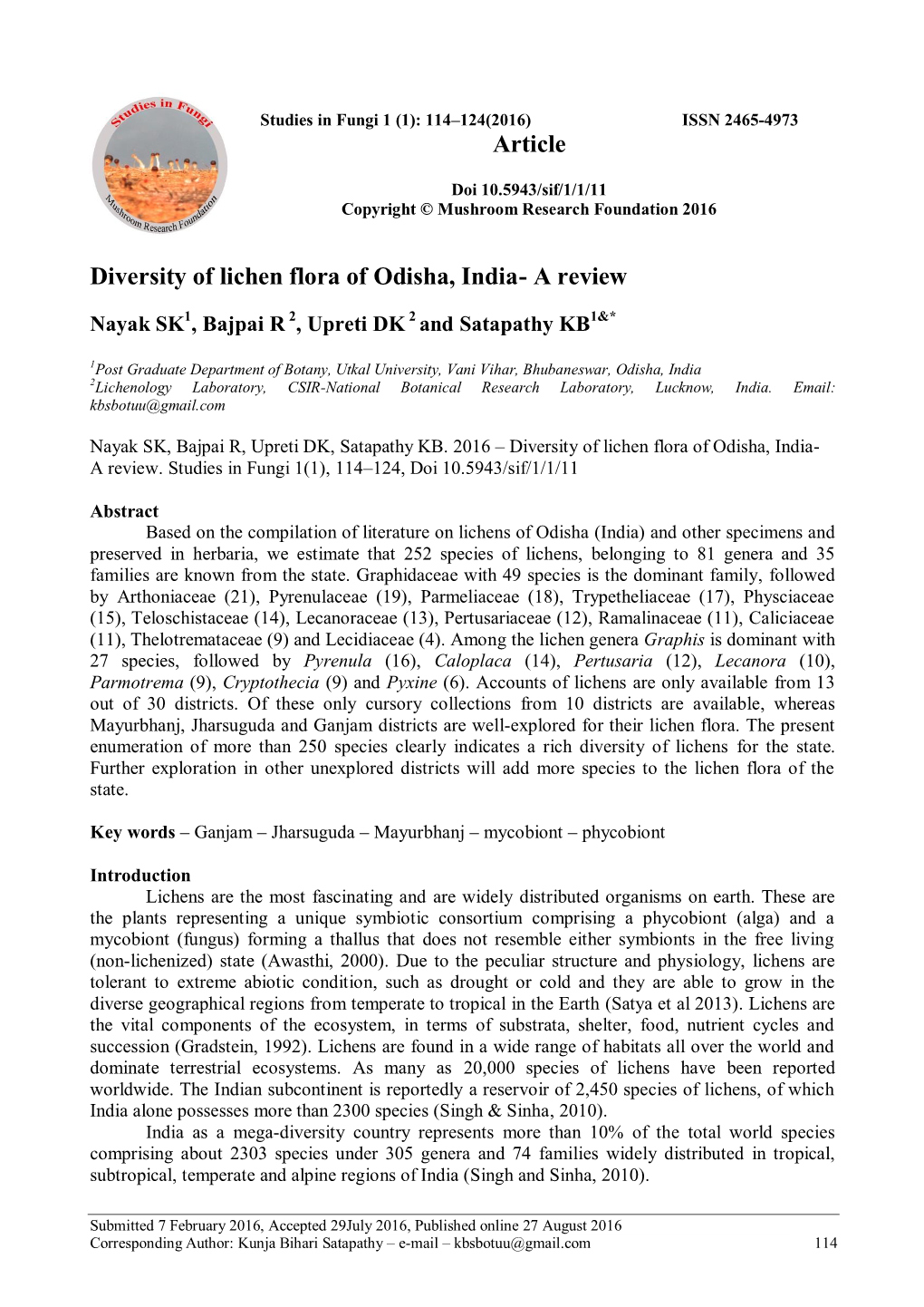 Diversity of Lichen Flora of Odisha, India- a Review