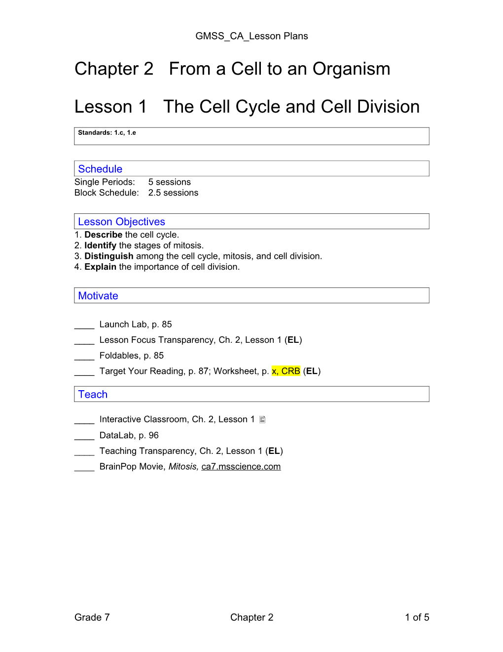 Lesson 1 the Cell Cycle and Cell Division