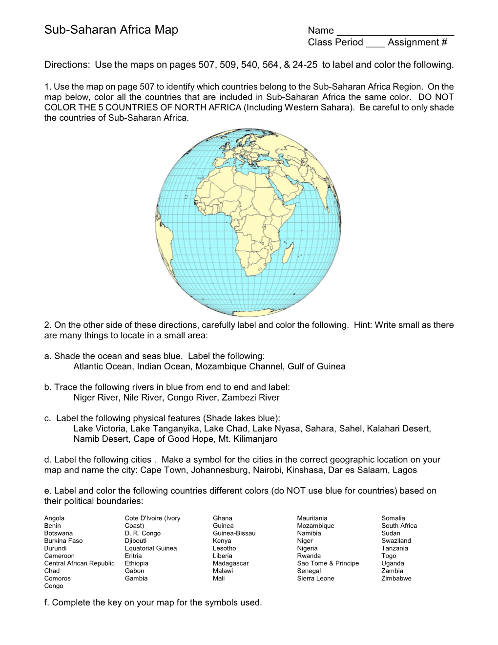 Sub Saharan Africa Map Name Class Period Assignment Docslib 