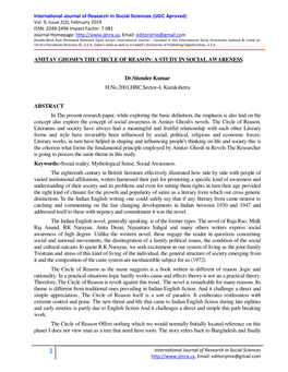 AMITAV GHOSH‟S the CIRCLE of REASON: a STUDY in SOCIAL AWARENESS Dr.Sitender Kumar H.No.2001,HBC,Sector-4, Kurukshetra ABSTRAC
