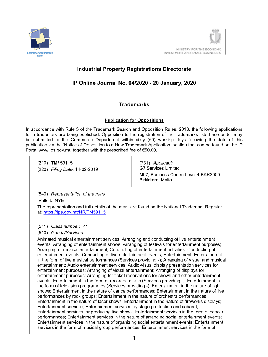 1 Industrial Property Registrations Directorate IP Online Journal No