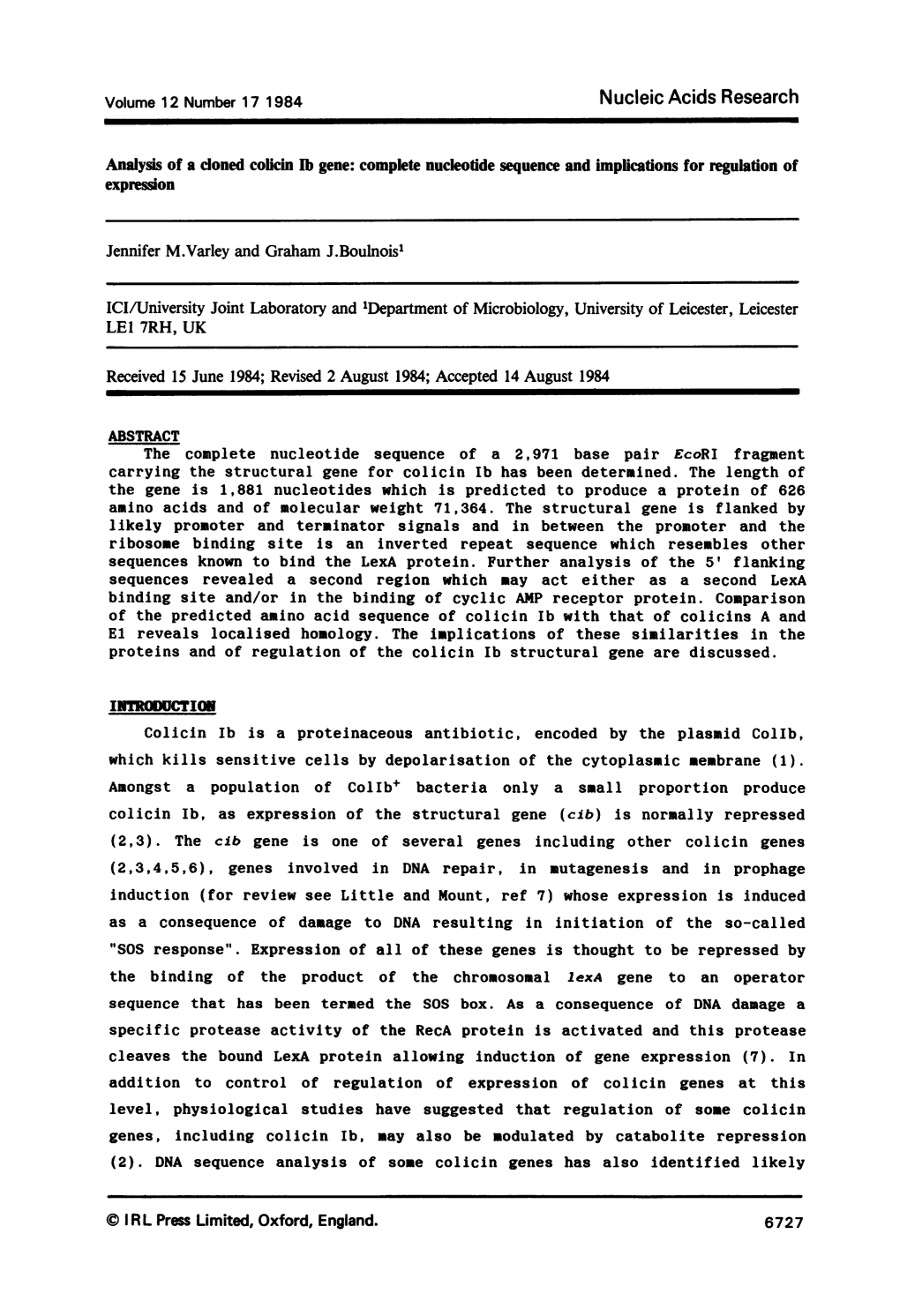 Analysis of a Cloned Colicin Ib Gene: Complete Nucleotide Sequence And