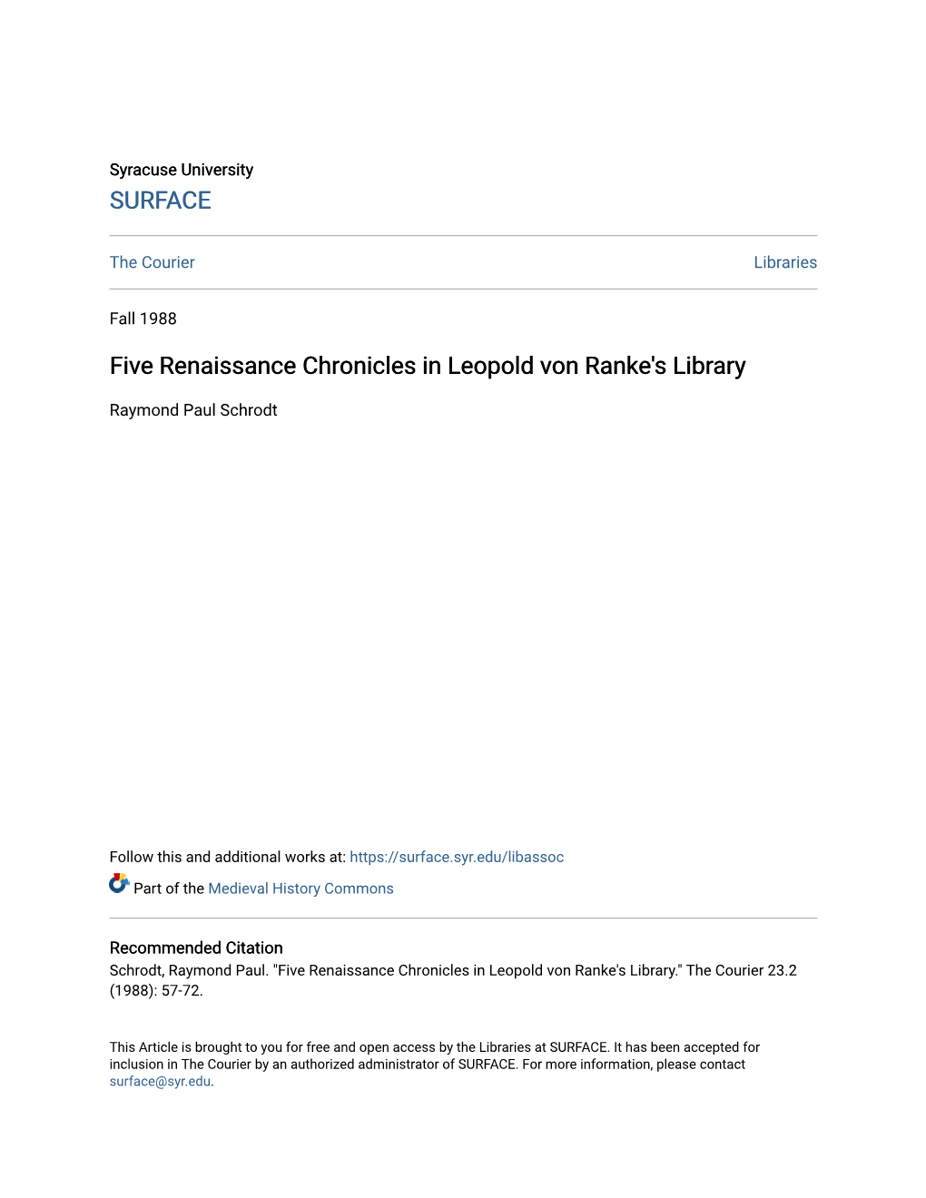 Five Renaissance Chronicles in Leopold Von Ranke's Library