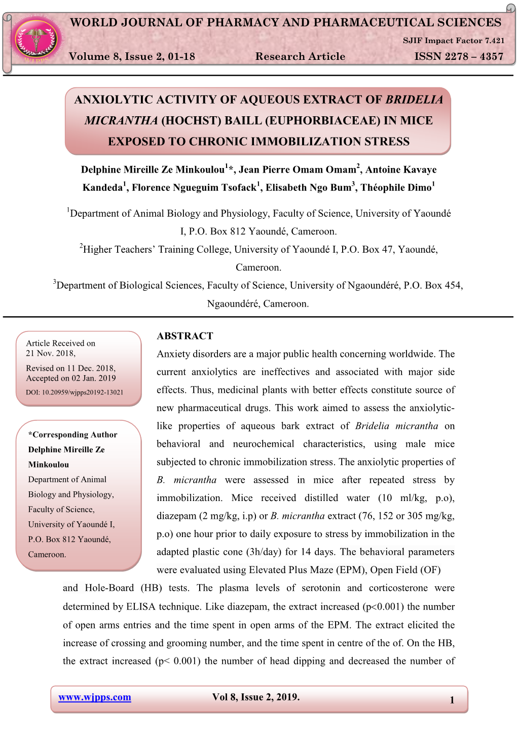 Anxiolytic Activity of Aqueous Extract of Bridelia Micrantha (Hochst) Baill (Euphorbiaceae) in Mice