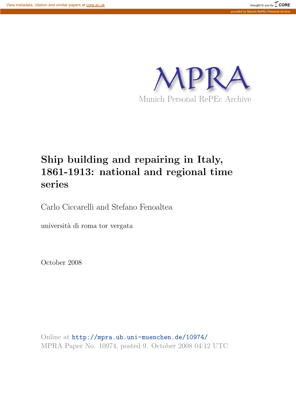 Ship Building and Repairing in Italy, 1861-1913: National and Regional Time Series