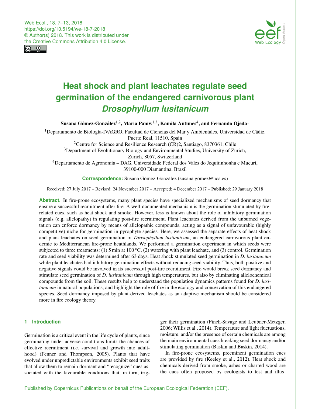 Heat Shock and Plant Leachates Regulate Seed Germination of the Endangered Carnivorous Plant Drosophyllum Lusitanicum