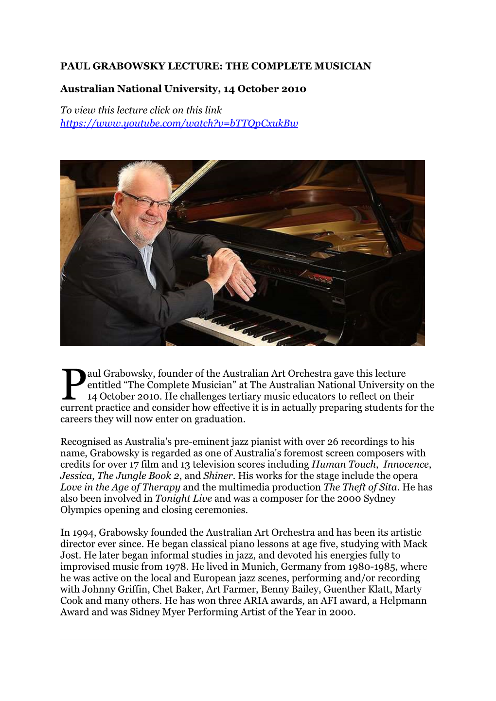 PAUL GRABOWSKY LECTURE: the COMPLETE MUSICIAN Australian