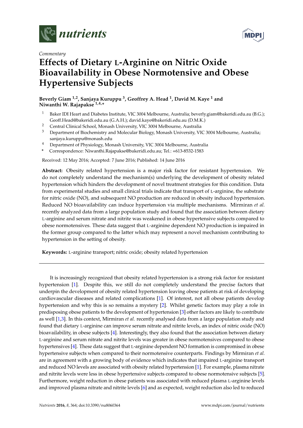 Effects of Dietary L-Arginine on Nitric Oxide Bioavailability in Obese Normotensive and Obese Hypertensive Subjects