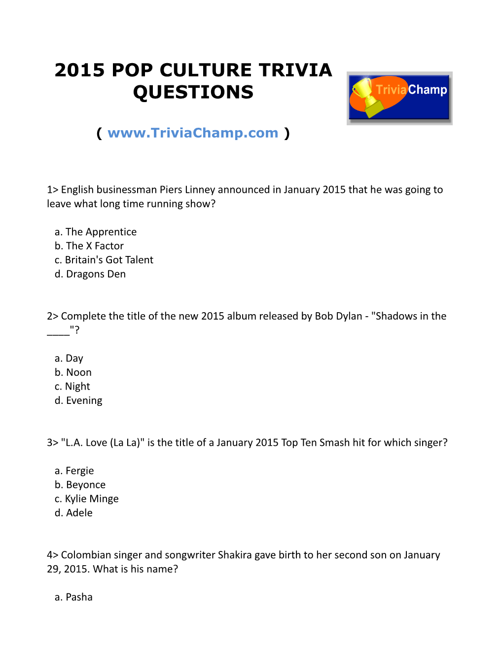 2015 Pop Culture Trivia Questions